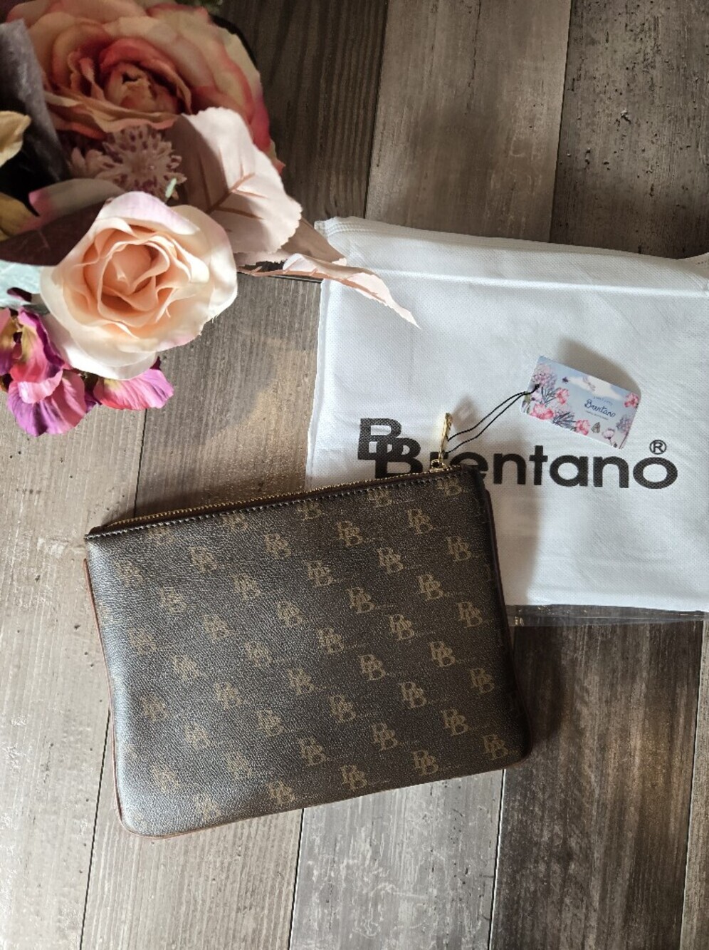 NWT Brentano Brown Monogram Logo-Print Zip Wristlet Clutch Vegan Leather